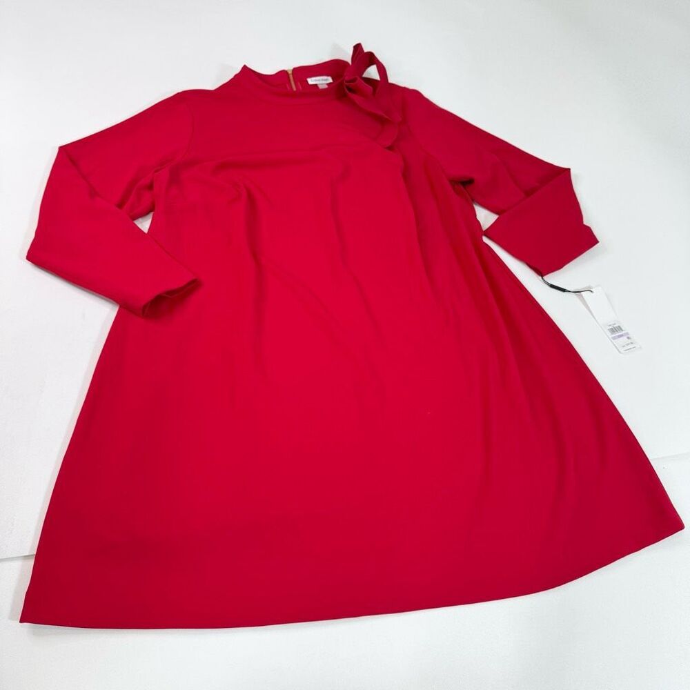 Calvin Klein Red Long Sleeve A-Line Dress with Neck Bow